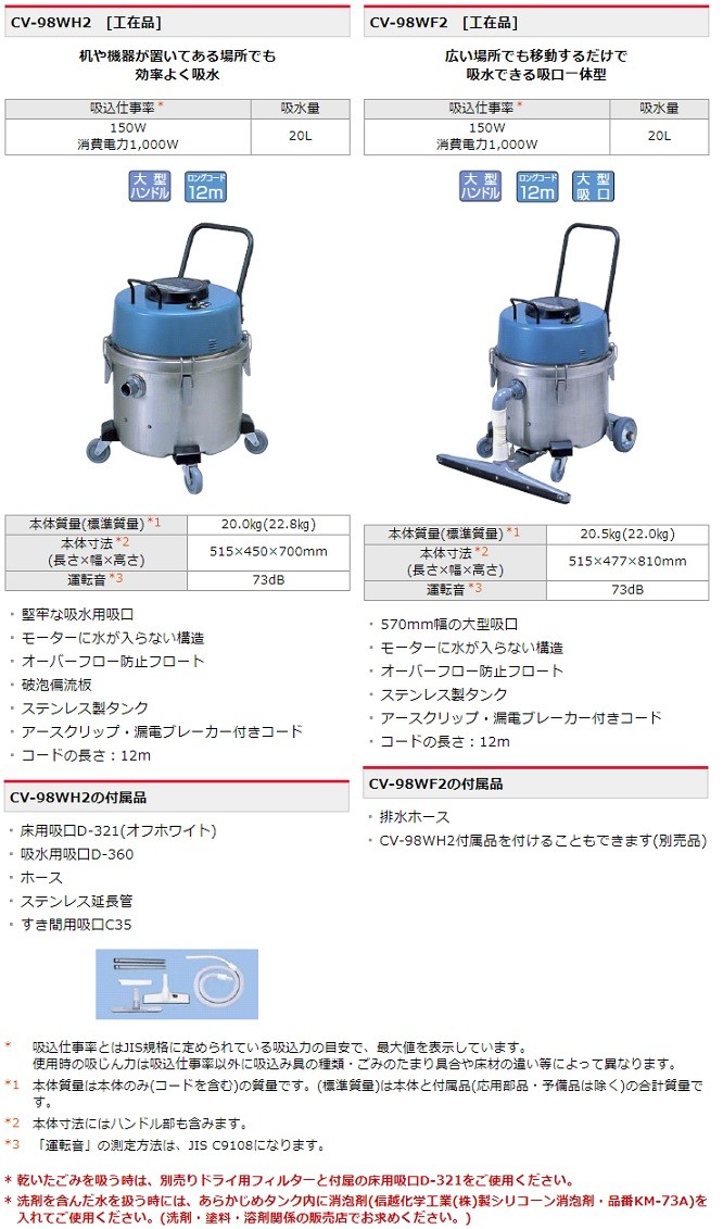 直送品】 日立産機 業務用掃除機 CV-98WF2 (6641-6613) 《吸水型》 (工