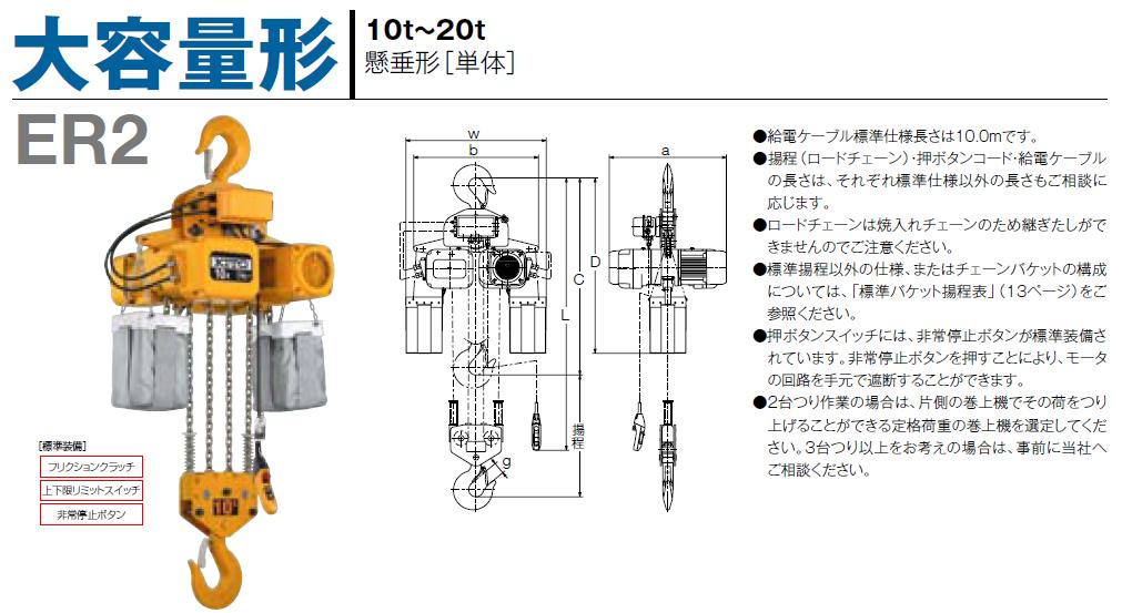 直送品】 キトー 電気チェーンブロック 大容量形 ER2-100S (10t 楊程6m