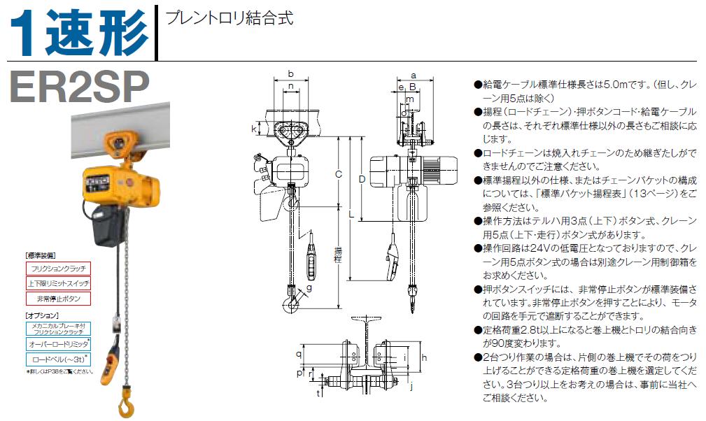 【直送品】 キトー 電気チェーンブロック 1速形 ER2SP005S-6M (500kg 楊程6m 3点ボタン)