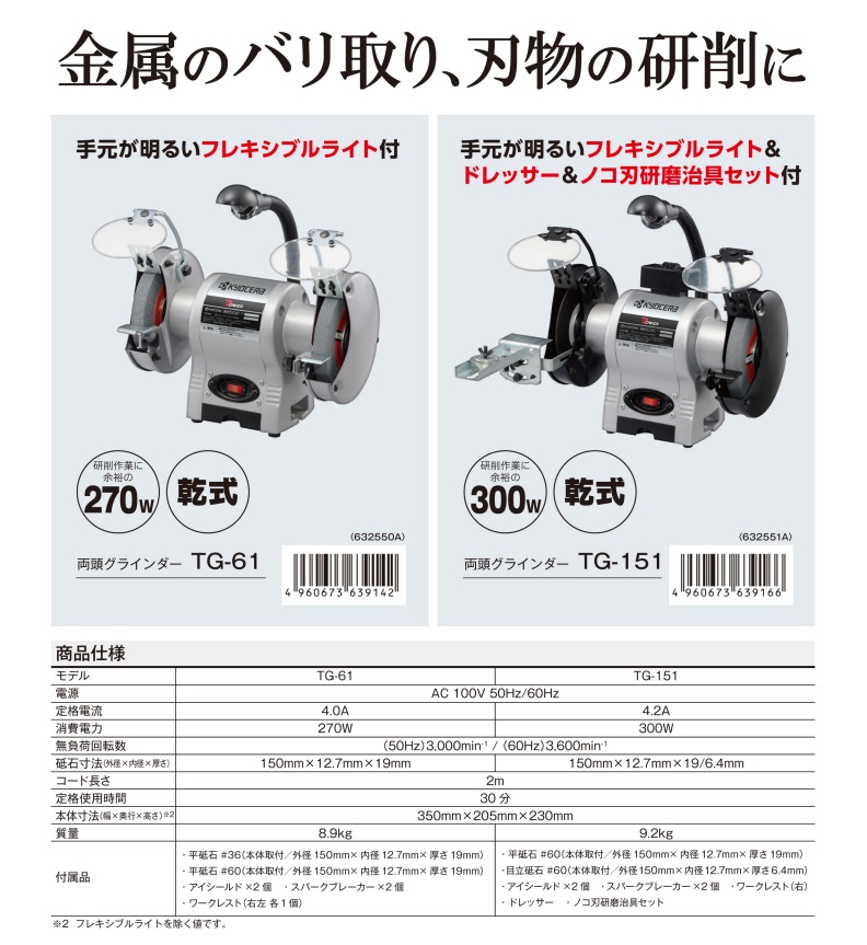 ポイント5倍】京セラ 両頭グラインダー TG-61 (632550A) :p5-kyoc