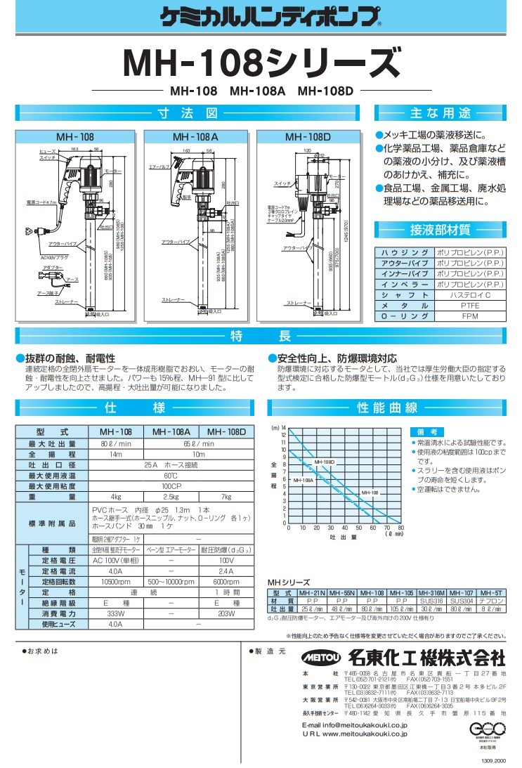 個数：1個】名東化工機 MH-108 直送 代引不可 ケミカルハンディポンプ