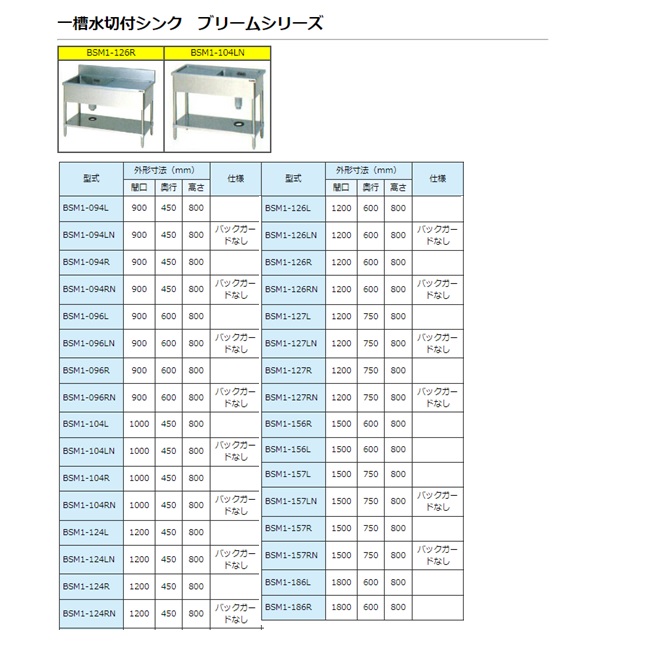 【ポイント10倍】【直送品】 マルゼン 一槽水切付シンク(バックガードなし) SUS430 BSM1-127LN 【送料別】の画像