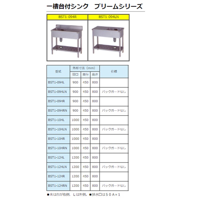 【ポイント10倍】【直送品】 マルゼン 一槽台付シンク(バックガードなし) SUS430 BST1-124LN 【送料別】の画像