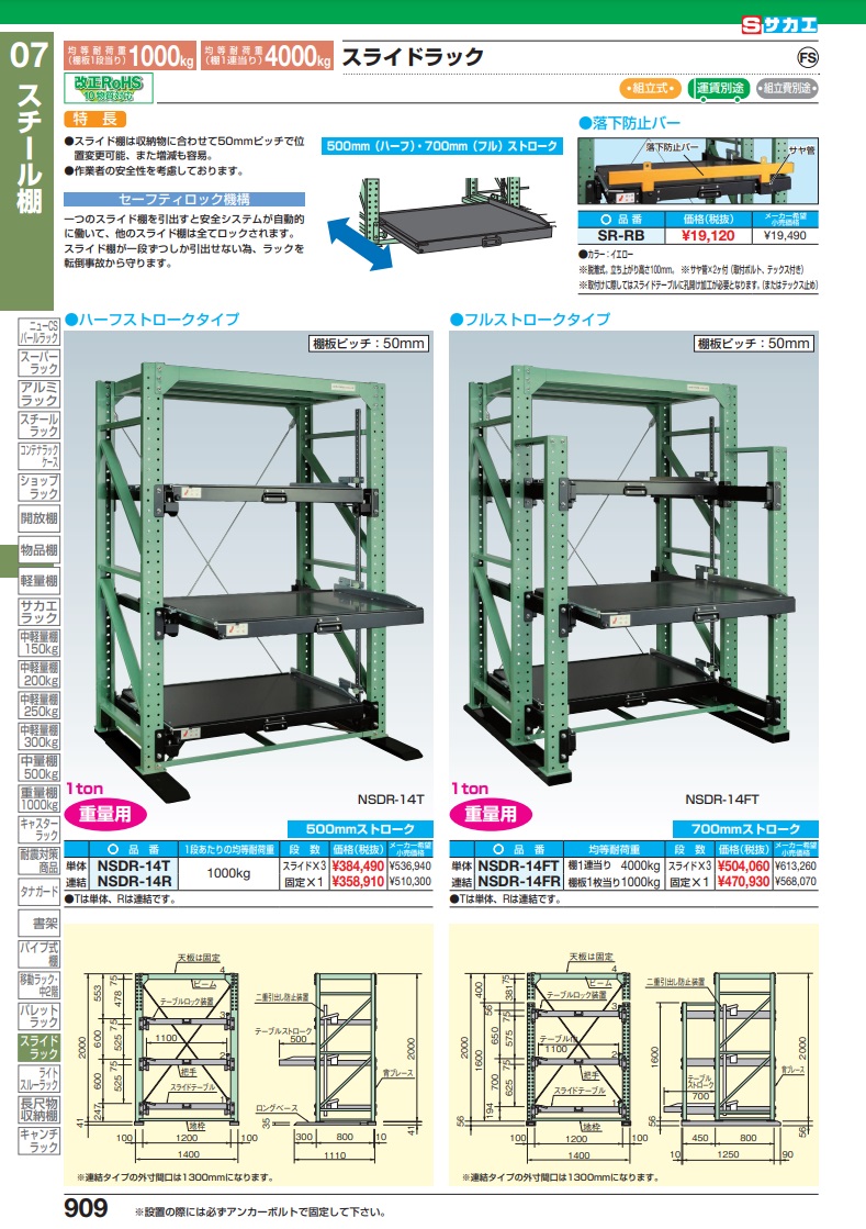 直送品】 サカエ スライドラック 落下防止バー SR-RB (188114) 【特大