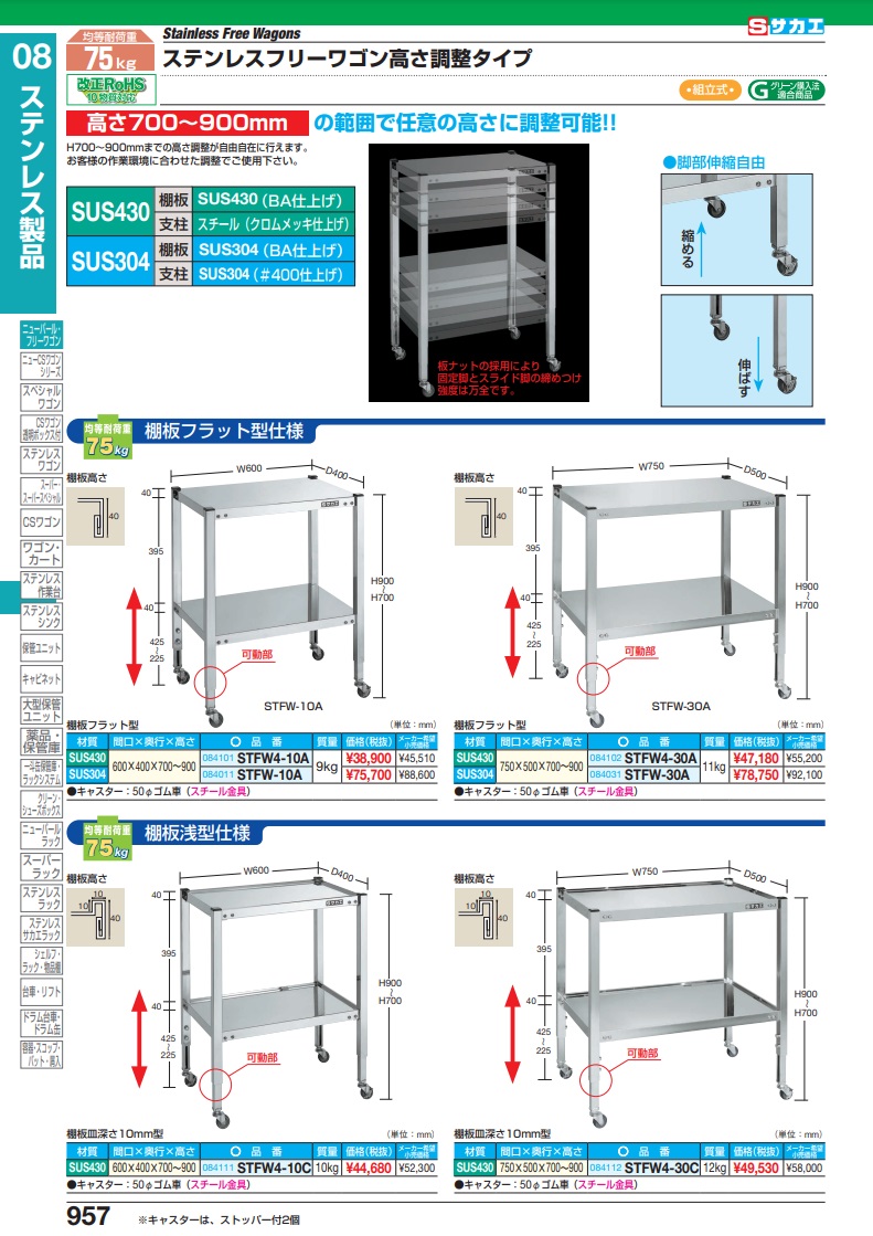 直送品】 サカエ ステンレスフリーワゴン（高さ調整タイプ） STFW-30A