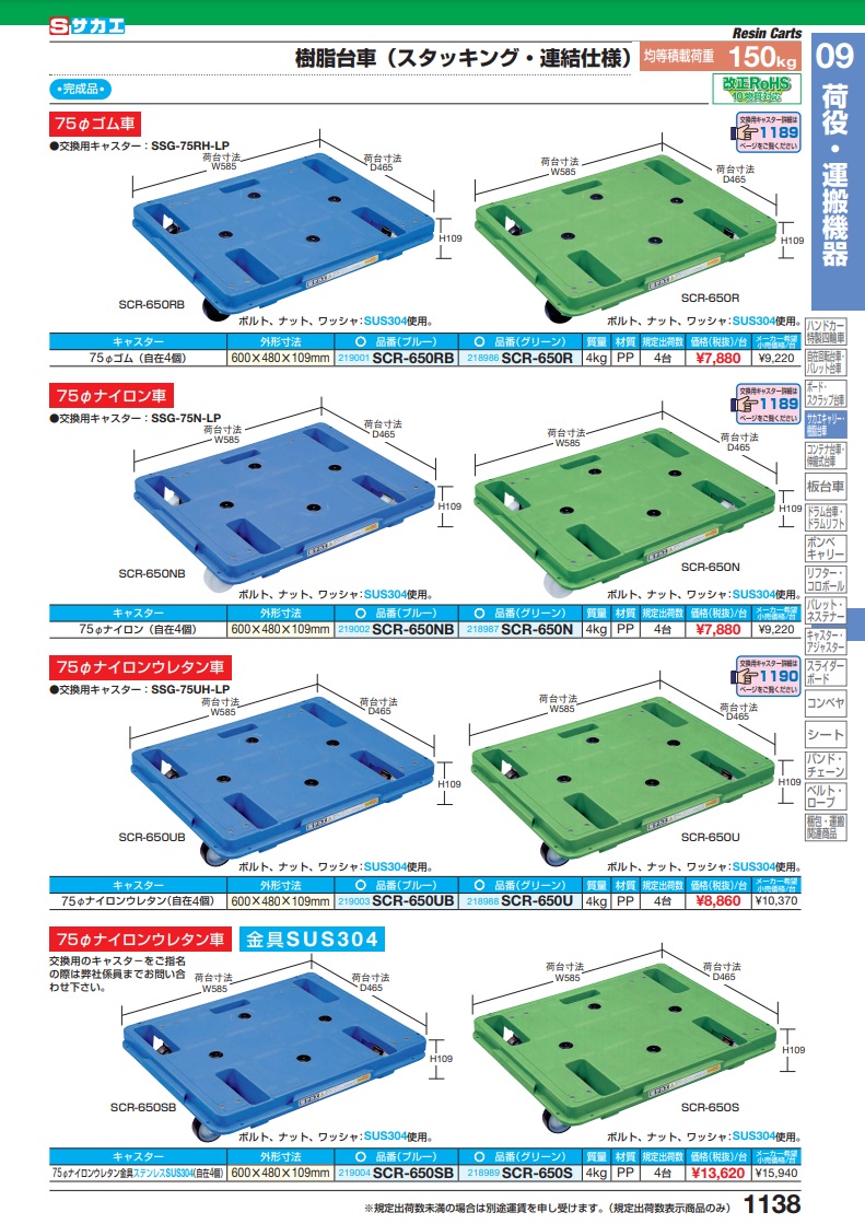 直送品】 サカエ 樹脂台車（スタッキング・連結仕様）４輪自在タイプ