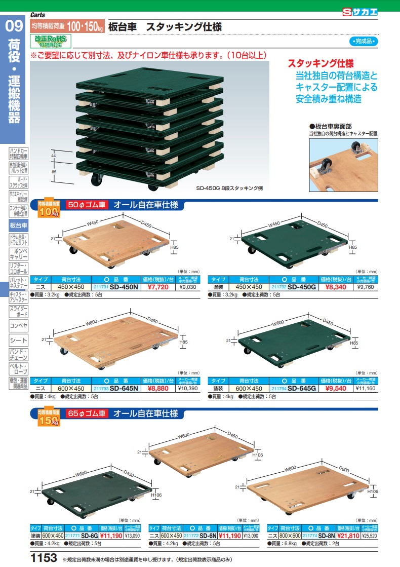 直送品】 サカエ 板台車スタッキング仕様（オール自在タイプ） SD-450N