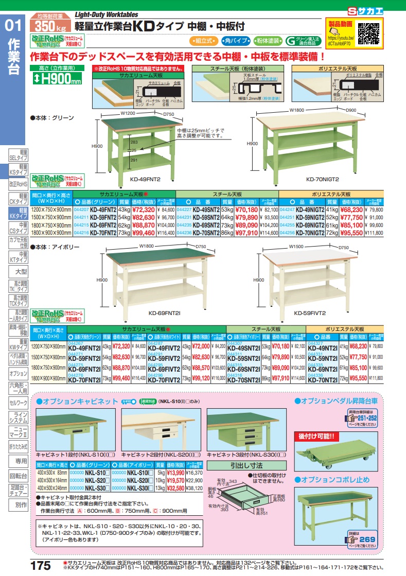 直送品】 サカエ 軽量立作業台ＫＤタイプ（中板・中棚付） KD-70NIGT2