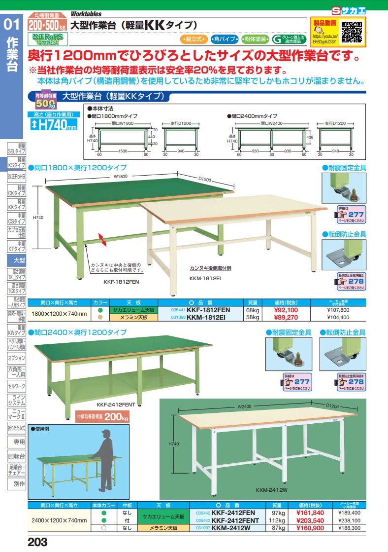 直送品】 サカエ 大型作業台（パールホワイト） KKM-2412W (031097