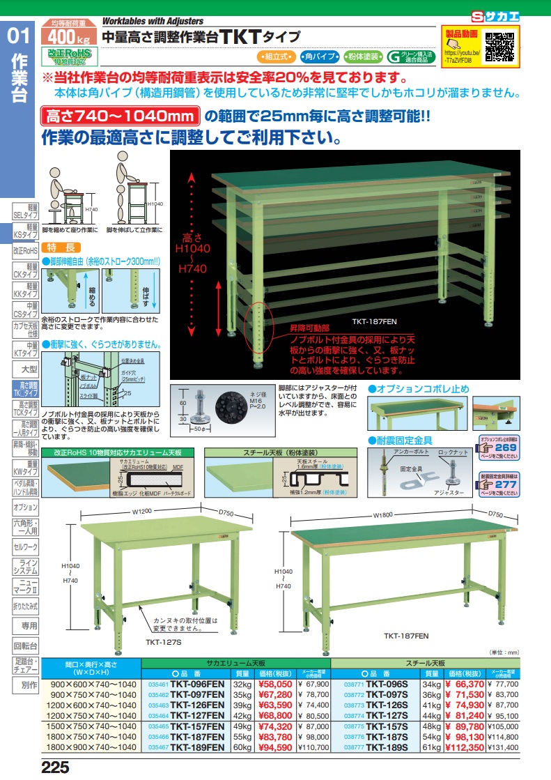 直送品】 サカエ 中量高さ調整作業台ＴＫＴタイプ TKT-096FEN (035461