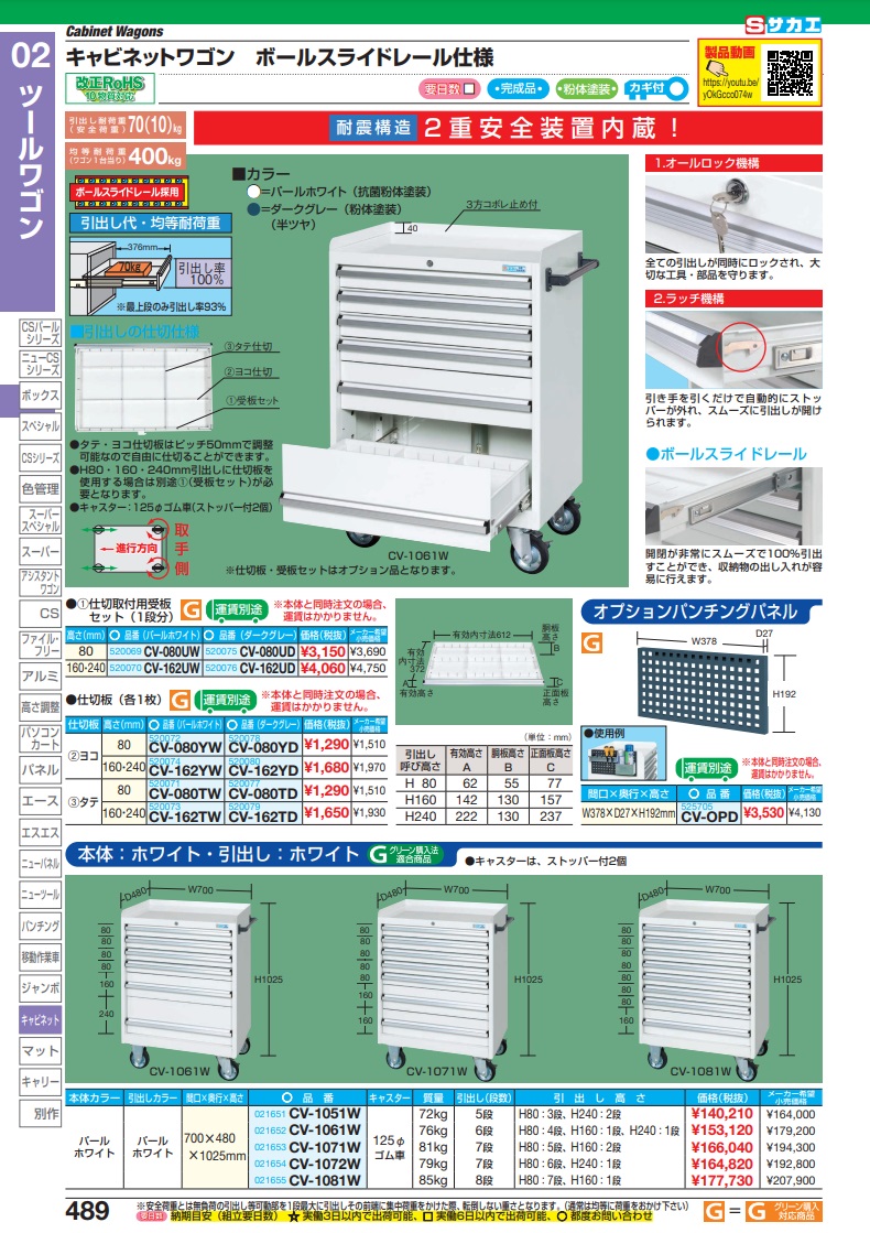 直送品】 サカエ キャビネットワゴン CV-1071W (021653) 【大型