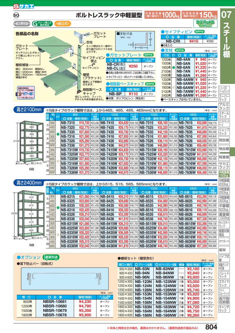 別途送料】サカエ(SAKAE) ボルトレスラック中軽量型（１５０ｋｇ／段