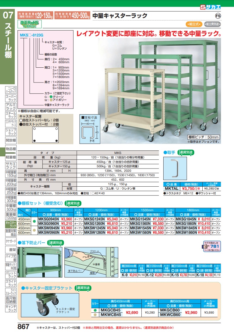 直送品】 サカエ 中量キャスターラックＭＫＳＷ型用オプション棚板