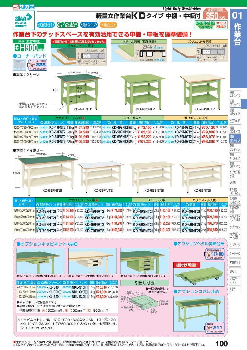 ポイント5倍】【直送品】 サカエ 軽量立作業台KDタイプ(中板・中棚付 