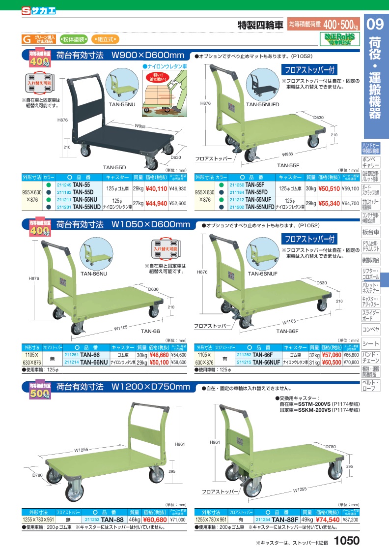 直送品】 サカエ 特製四輪車(400KGタイプ・フロアストッパー付