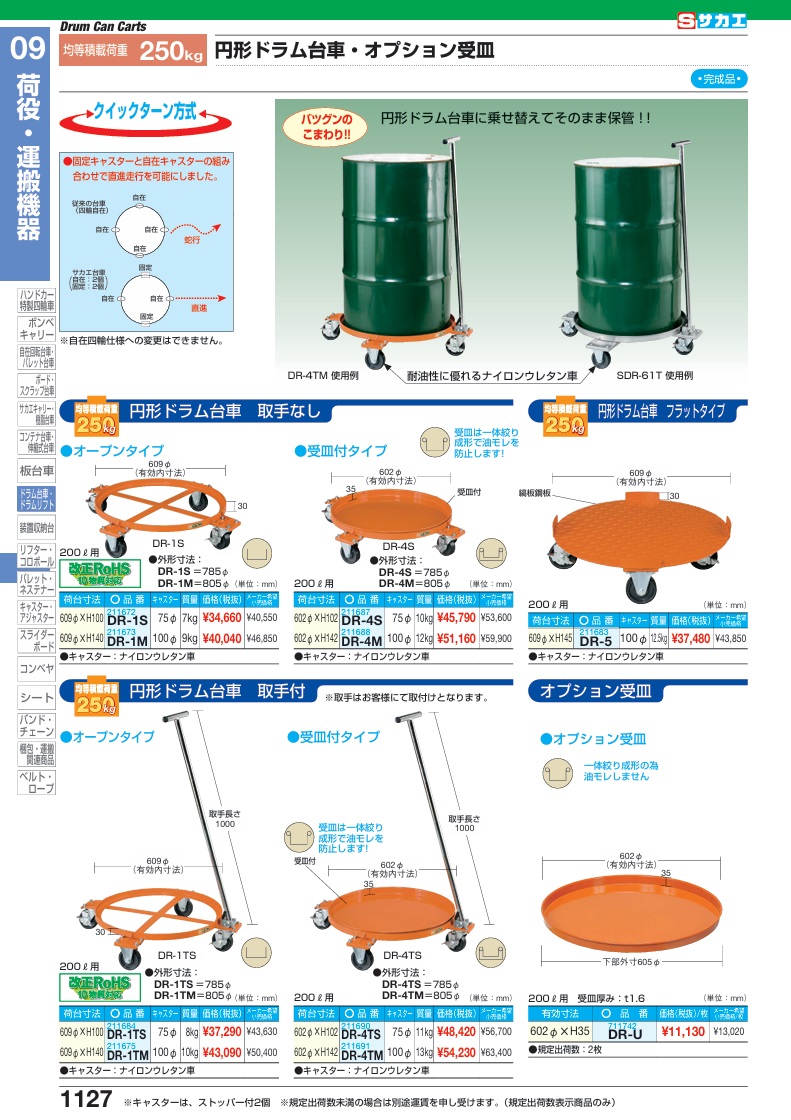 直送品】 サカエ 円形ドラム台車(受皿付タイプ・取手付) DR-4TS