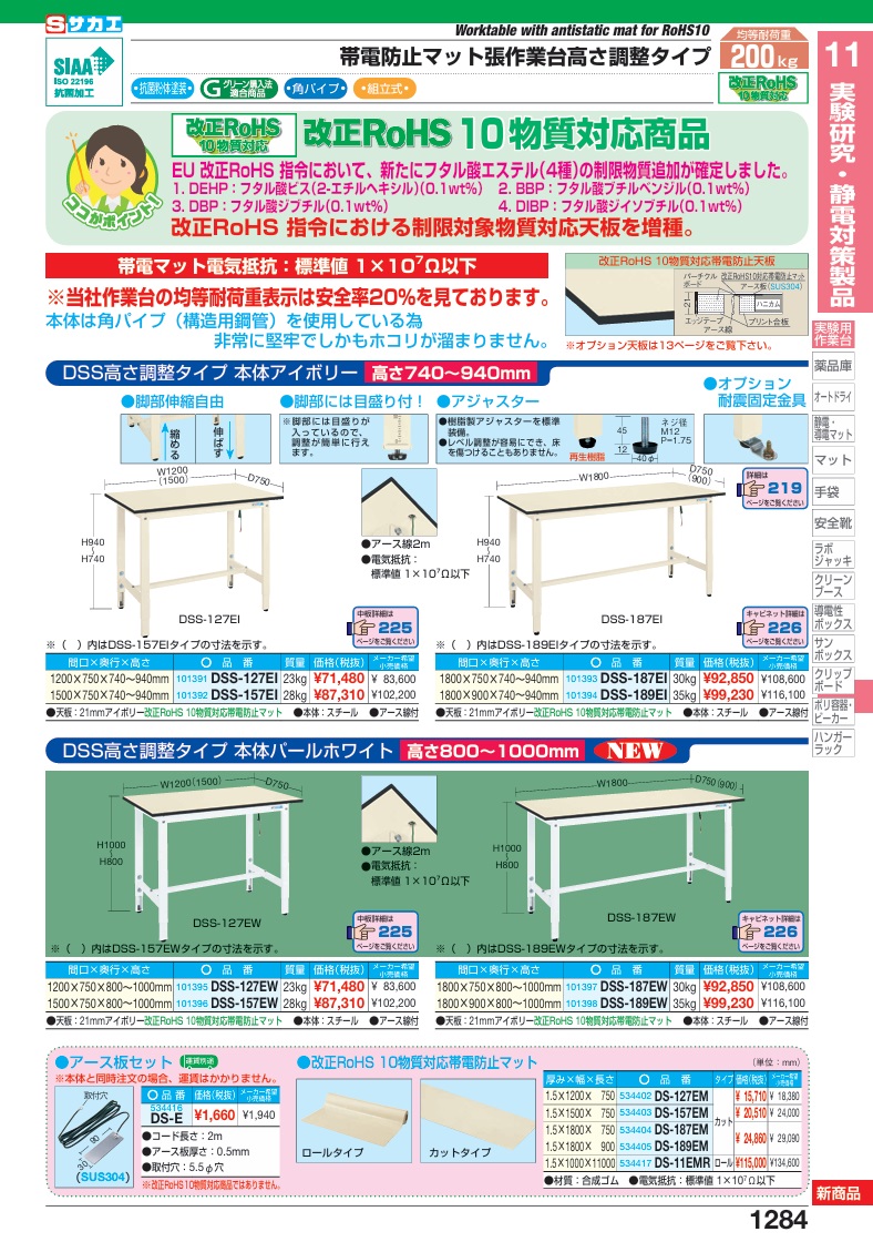 【直送品】 サカエ 帯電防止マット張高さ調整作業台DSS(改正ROHS10対応) DSS-187EW (101397) 【大型】