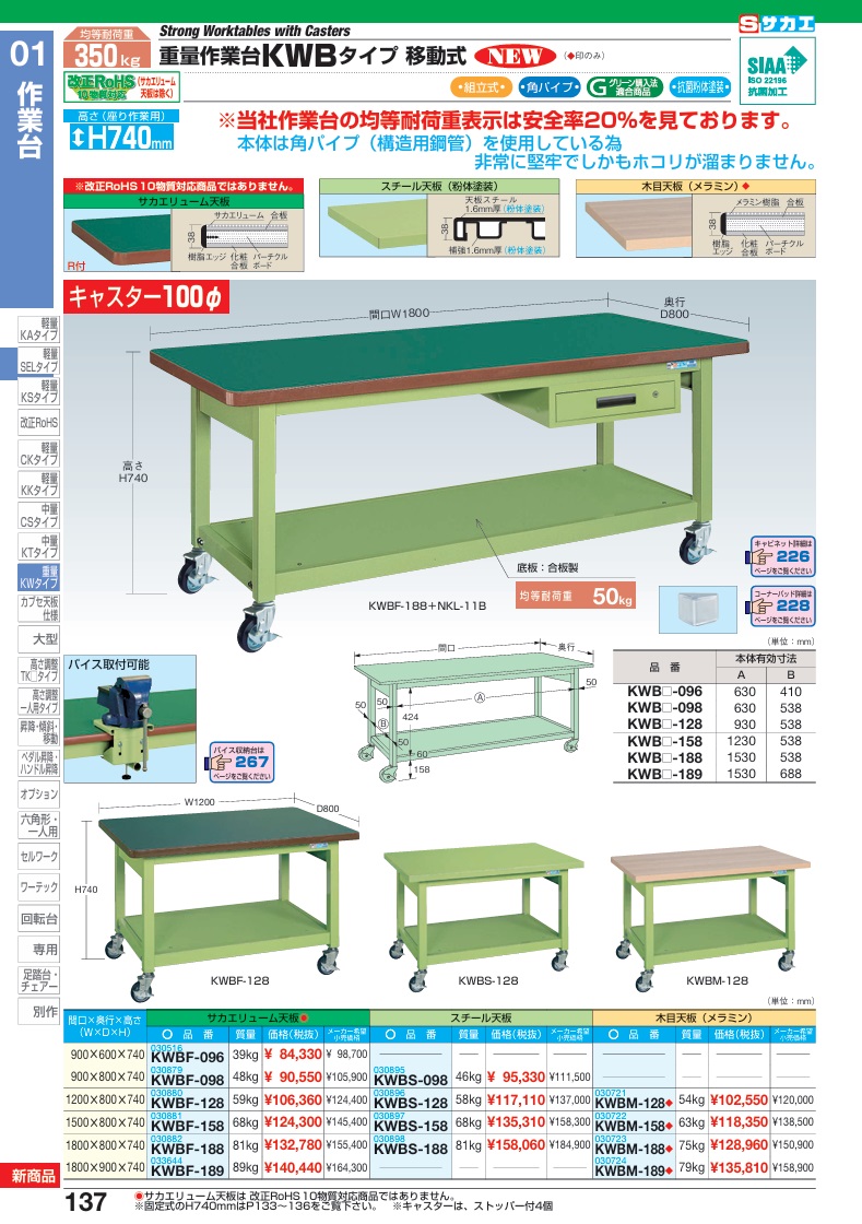 【ポイント5倍】【直送品】 サカエ 重量作業台KWBタイプ(移動式) KWBM-189 (030724) 【大型】