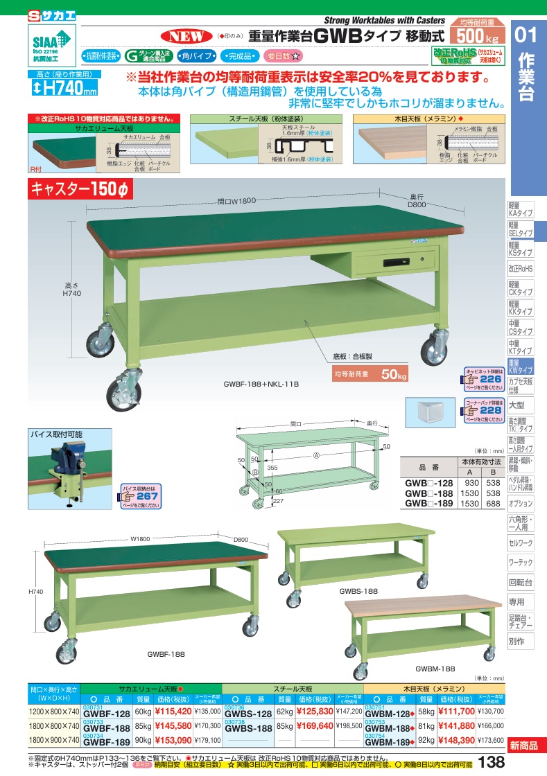 【直送品】 サカエ 重量作業台GWBタイプ(移動式) GWBS-188 (030738) 【大型】