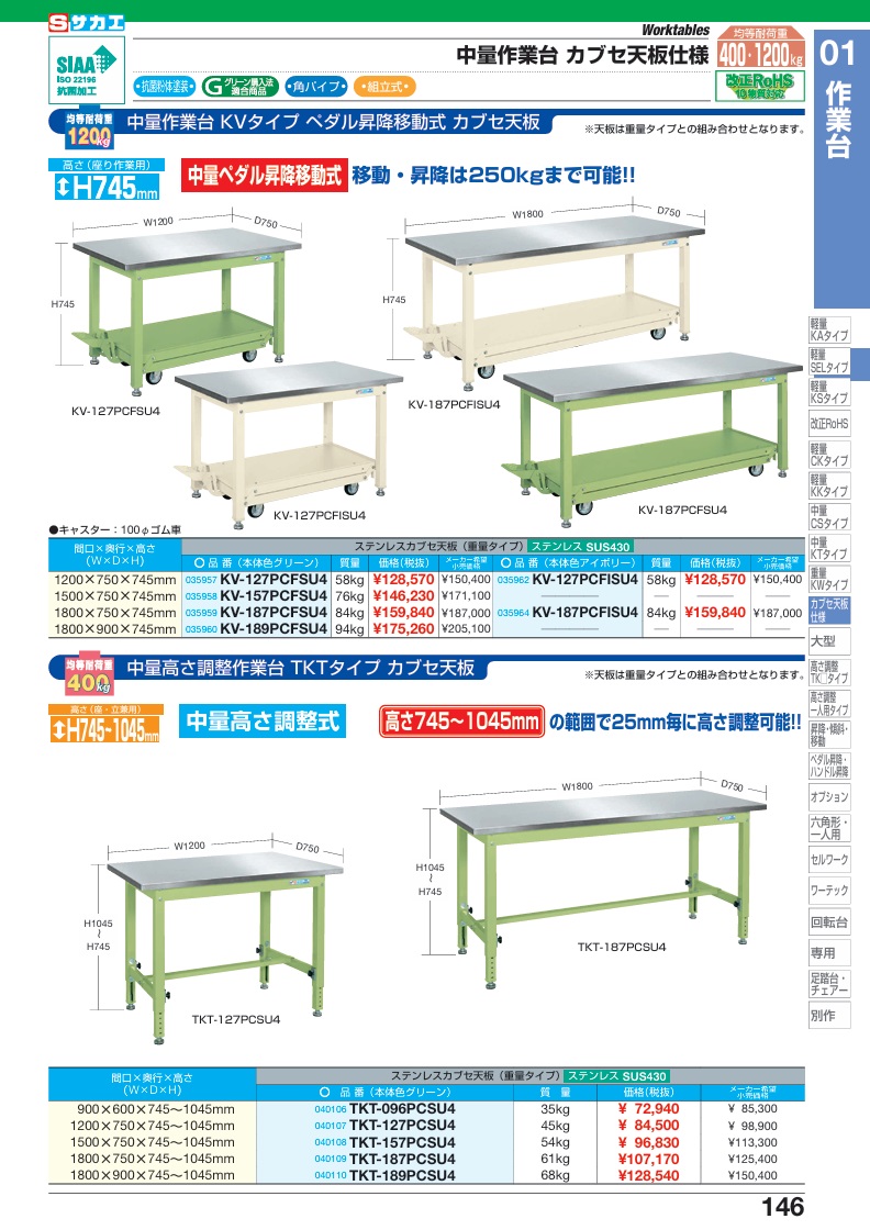 【ポイント5倍】【直送品】 サカエ 中量作業台KVタイプ(ペダル昇降移動式・ステンレス天板仕様) KV-189PCFSU4 (035960) 【大型】_1