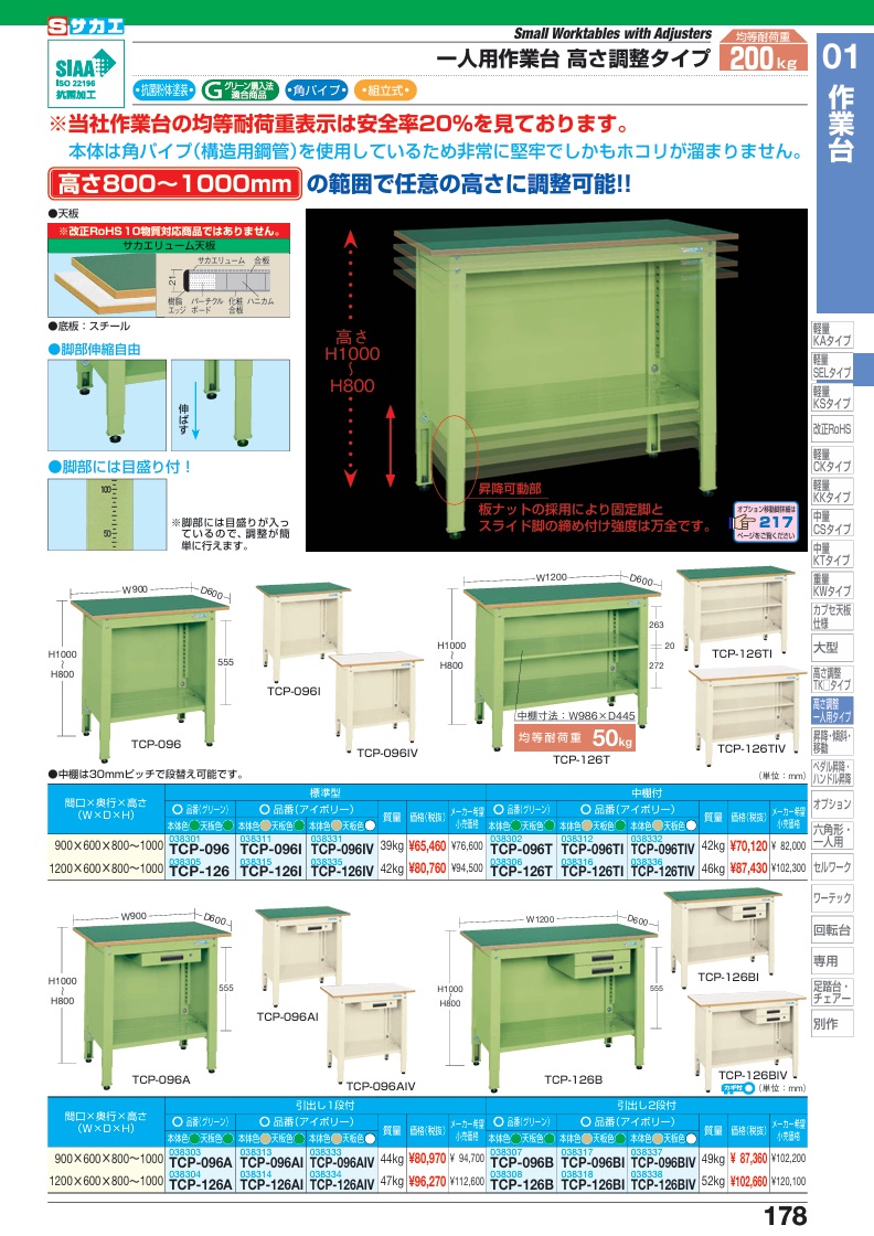 【直送品】 サカエ 一人用作業台(高さ調整タイプ) TCP-096T (038302) 【大型】