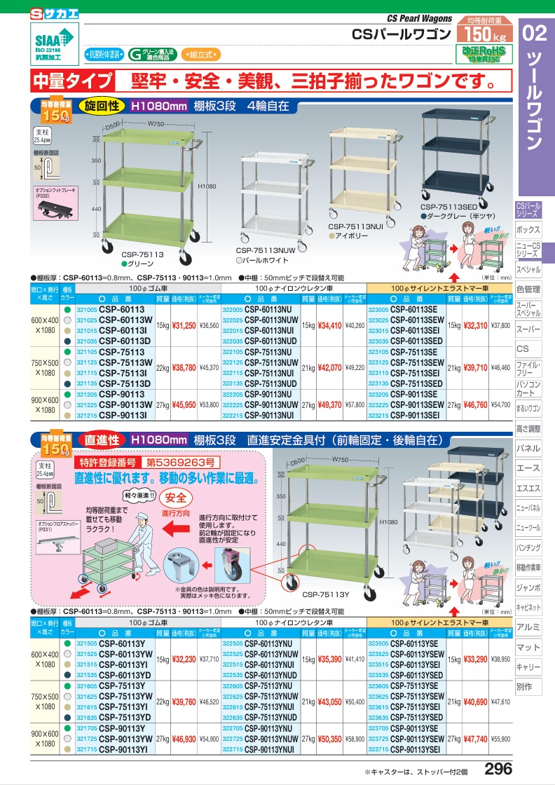 【ポイント10倍】【直送品】 サカエ CSパールワゴン(中量タイプ・直進安定金具付) CSP-60113YSED (323535) 【大型】の画像