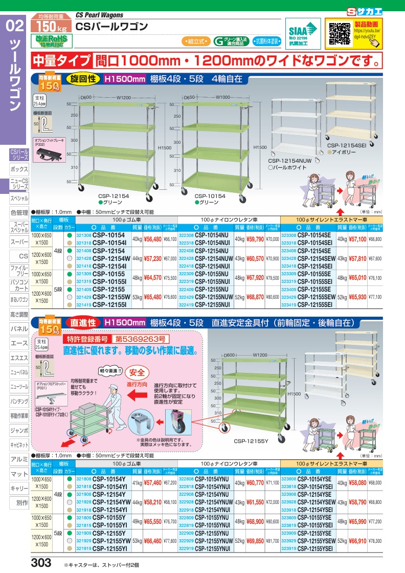 【ポイント10倍】【直送品】 サカエ CSパールワゴン(中量タイプ・直進安定金具付) CSP-12154YSE (323908) 【大型】の画像