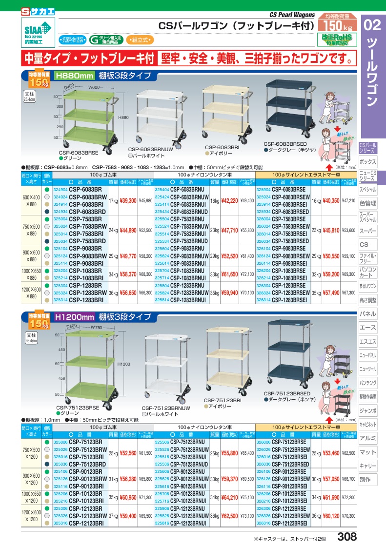 【ポイント10倍】【直送品】 サカエ CSパールワゴン(中量タイプ・フットブレーキ付) CSP-12123BRSE (326306) 【大型】の画像