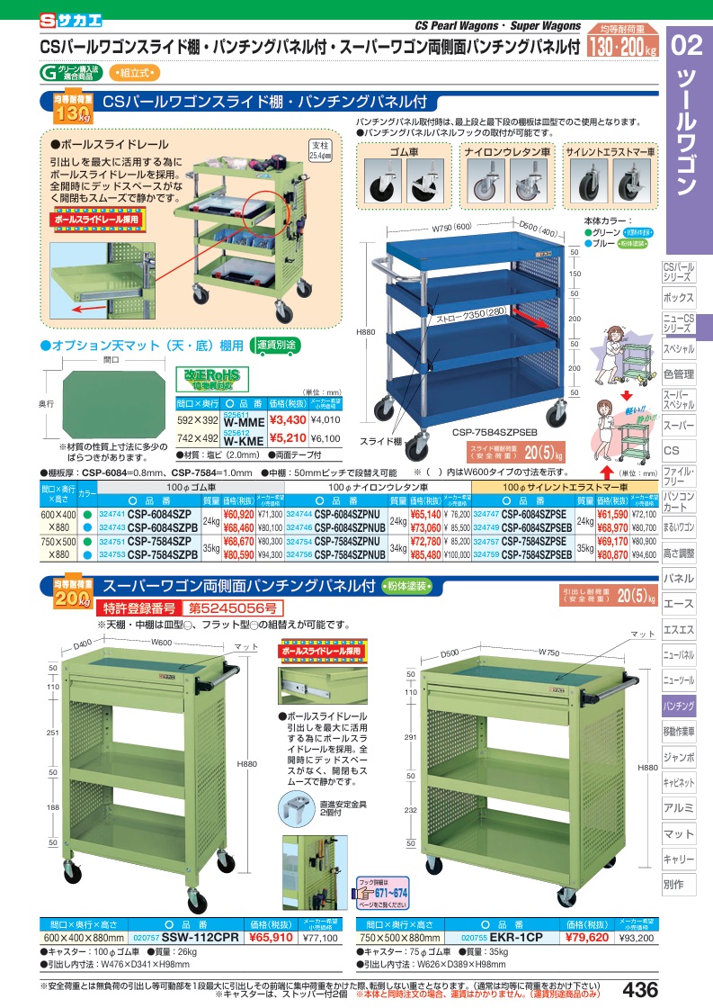 【直送品】 サカエ CSパールワゴン(スライド棚・全面パンチングパネル付) CSP-7584SZP (324751) 【大型】_1