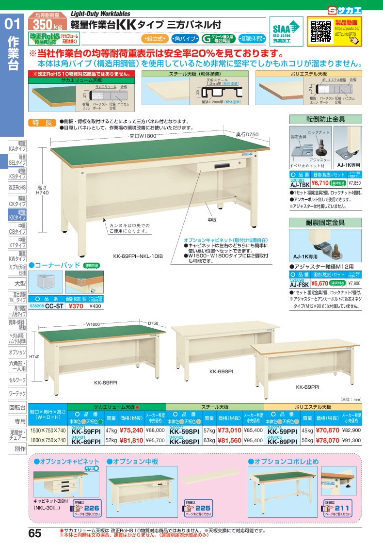 【ポイント5倍】【直送品】 サカエ 軽量作業台KKタイプ(三方パネル付) KK-69FPI (040401) 【大型】