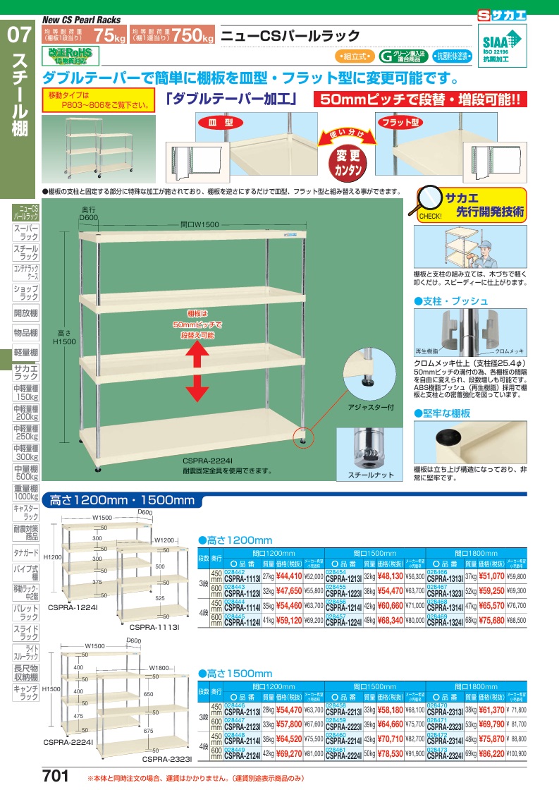 【ポイント5倍】【直送品】 サカエ ニューCSパールラック(均等耐荷重75KG/段・3段タイプ) CSPRA-1123I (028443) 【大型】_1