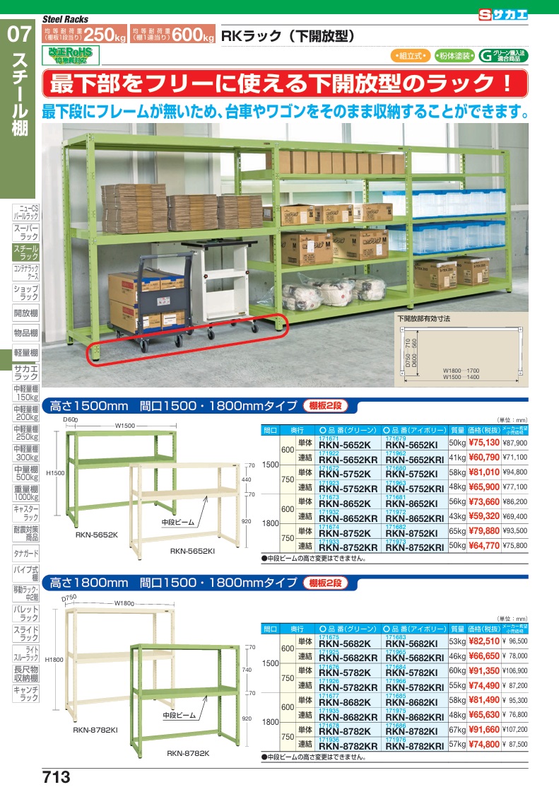 【ポイント5倍】【直送品】 サカエ RKラック(下開放型・均等耐荷重：250KG/段) RKN-5752K (171672) 【大型】の画像