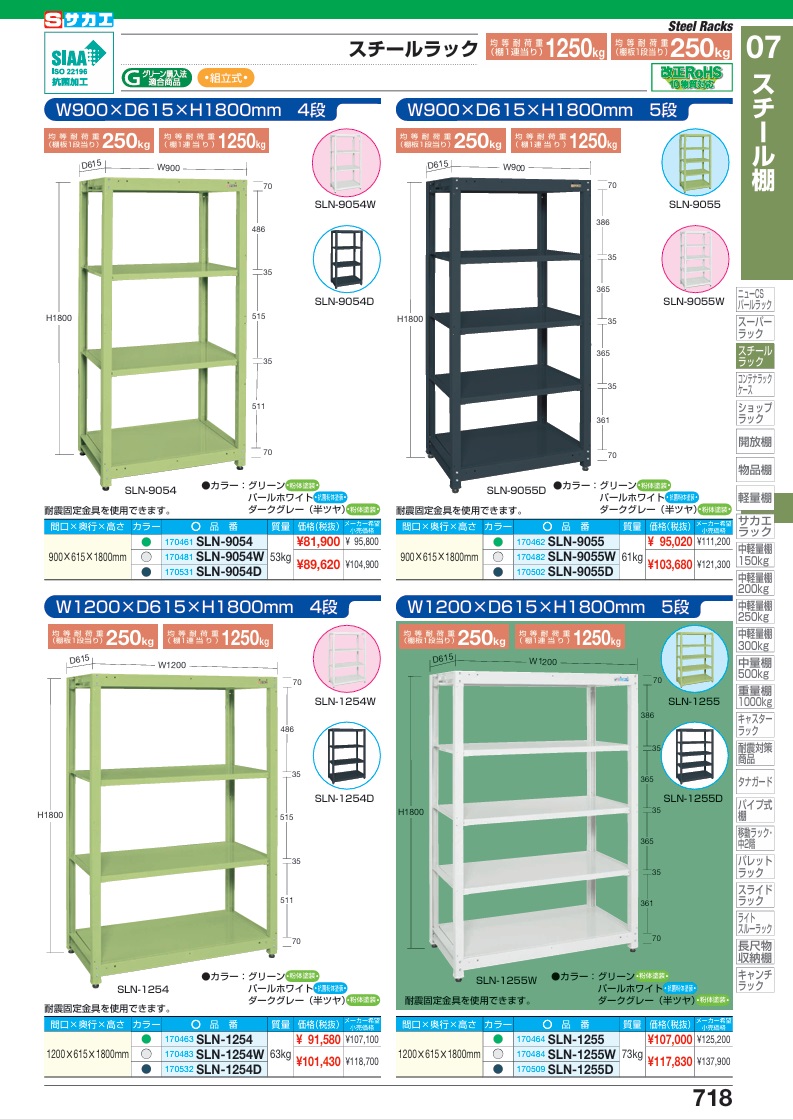 【直送品】 サカエ スチールラック(均等耐荷重：250KG/段・4段タイプ) SLN-9054D (170531) 【大型】の画像