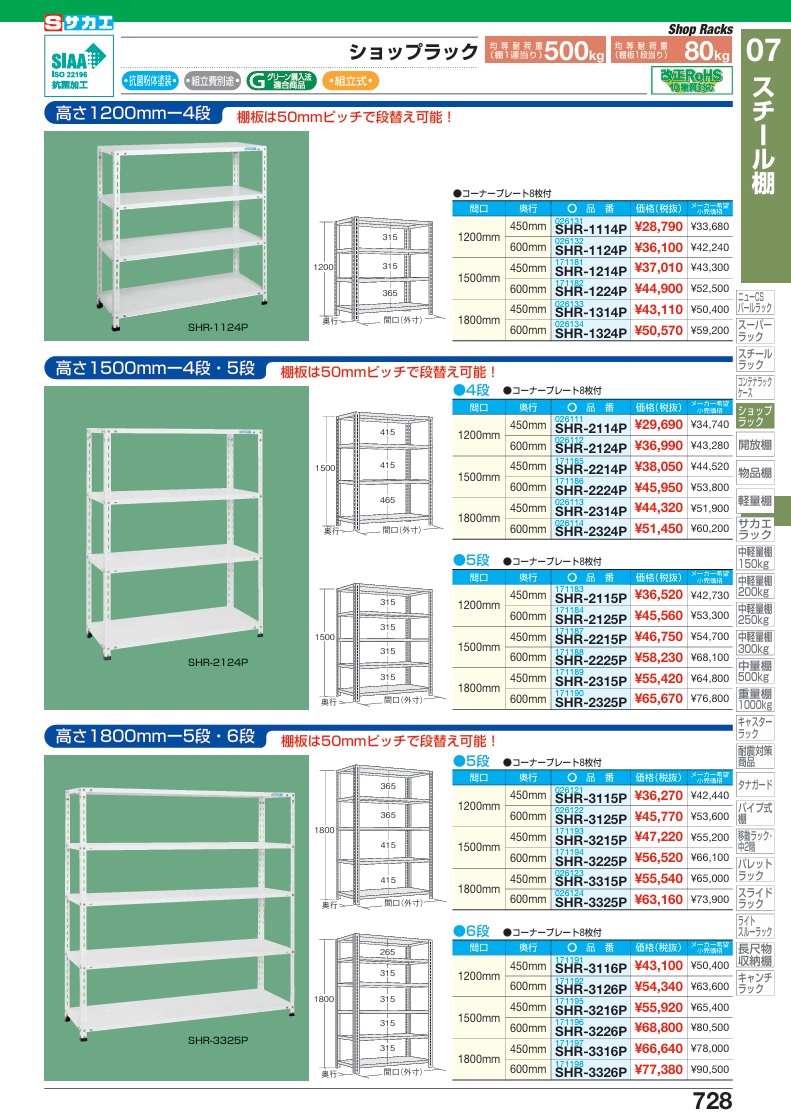 【直送品】 サカエ ショップラック(均等耐荷重：80KG/段・6段タイプ) SHR-3216P (171195) 【大型】の画像