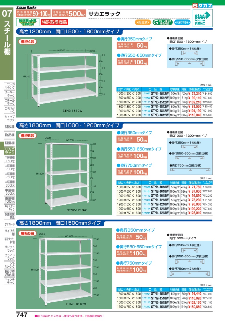 【ポイント5倍】【直送品】 サカエ サカエラック(100KG/段・高さ1800MM・5段タイプ) STN3-1018W (171113) 【大型】