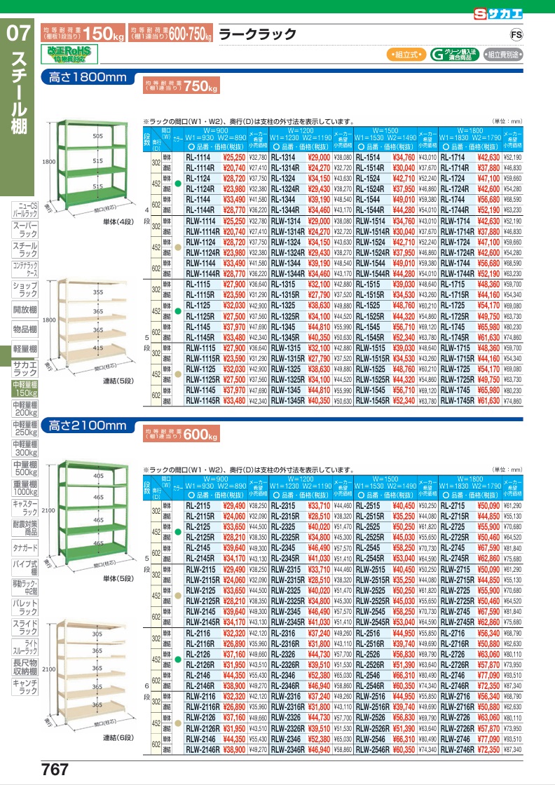 【ポイント10倍】【直送品】 サカエ ラークラック(150KG/段・連結・高さ2100MM・5段) RLW-2325R (182986) 【特大・送料別】 スチールラック本体