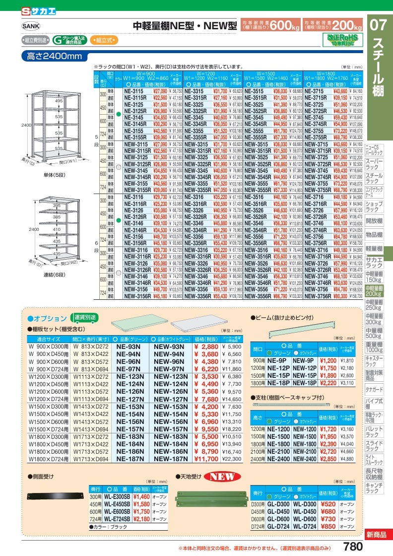 サカエ 中軽量棚NEW型単体(200KG/段・H2400MM・6段) NEW-3516 (208908)_画像1