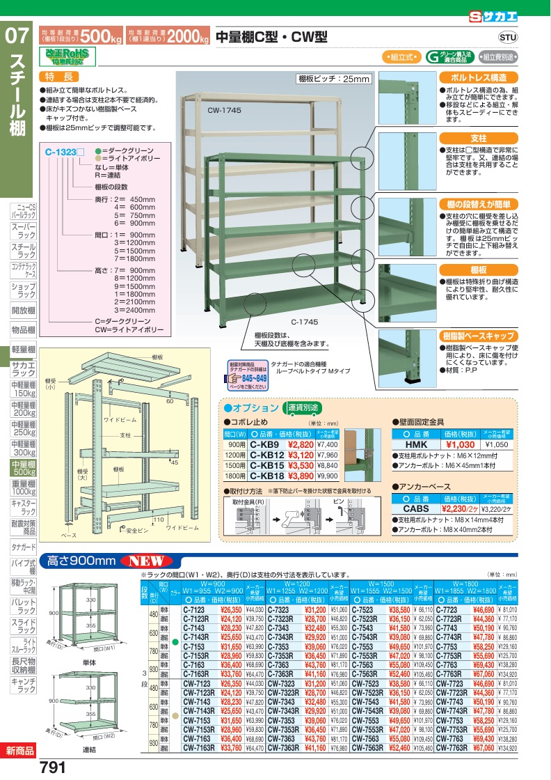サカエ 中量棚C型(500KG/段・単体・H900MM・3段仕様) CW-7763R