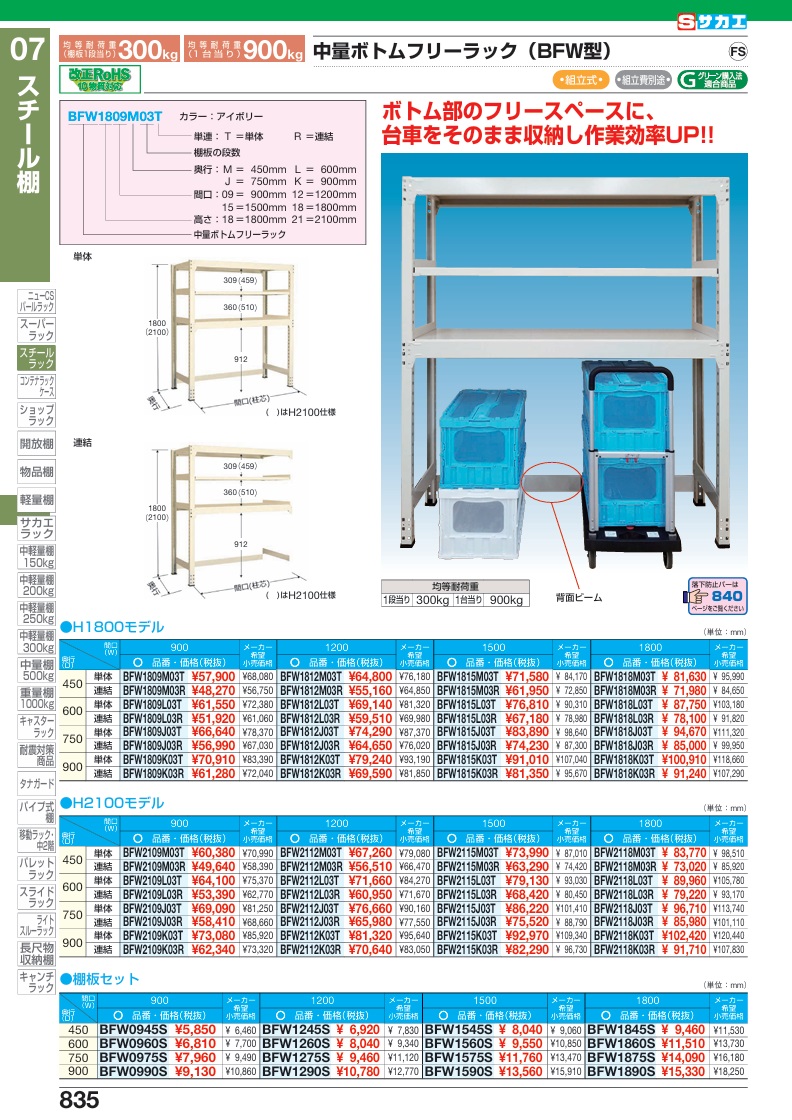 【ポイント5倍】【直送品】 サカエ 中量ボトムフリーラック(300KG/段・単体・3段タイプ) BFW2112J03T (179060) 【特大・送料別】の画像