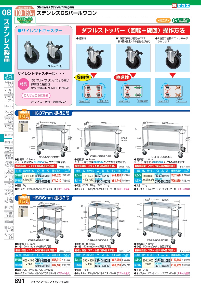 【ポイント5倍】【直送品】 サカエ ステンレスCSパールワゴン(ダブルストッパーキャスター仕様) CSP3-7562DSE (083628) 【大型】の画像