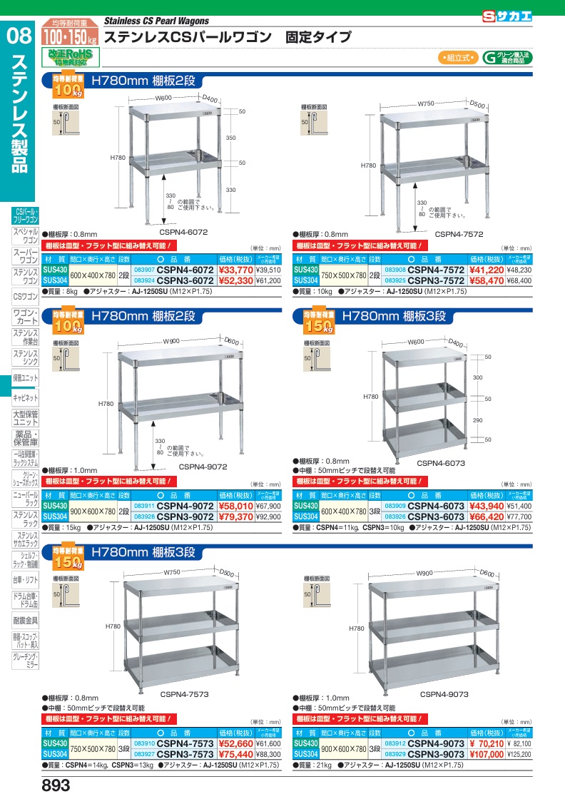 【ポイント5倍】【直送品】 サカエ ステンレスCSパールワゴン(固定タイプ) CSPN4-7573 (083910) 【大型】の画像