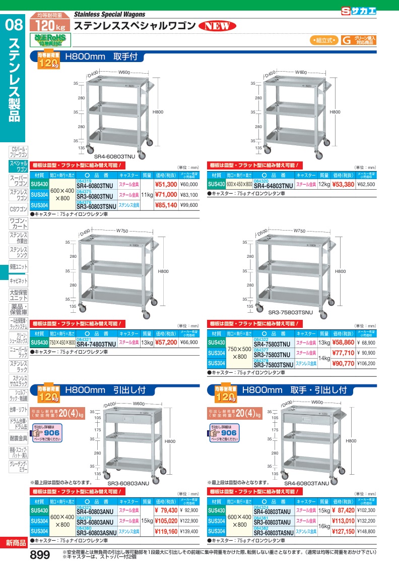 【ポイント5倍】【直送品】 サカエ ステンレススペシャルワゴン(移動式)SUS304 SR3-75803TNU (084377) 【大型】の画像