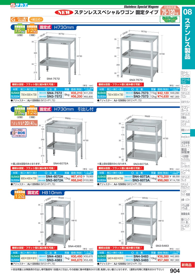 【ポイント10倍】【直送品】 サカエ ステンレススペシャルワゴン(固定式)SUS304 SN3-7572 (084469) 【大型】の画像