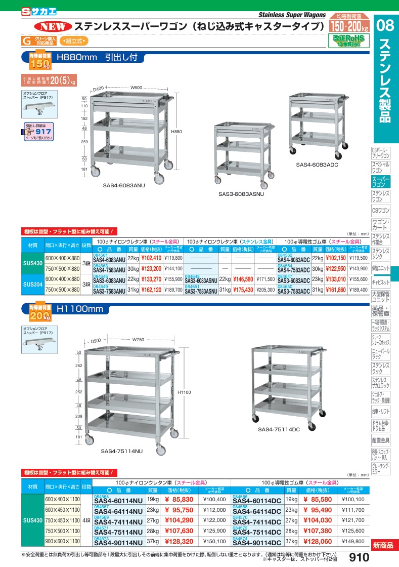 【スチールラック本体】最終セール！【ポイント5倍】【直送品】 サカエ ステンレススーパーワゴン(ねじ込み式)SUS430 SAS4-6083ADC (084562) 【大型】