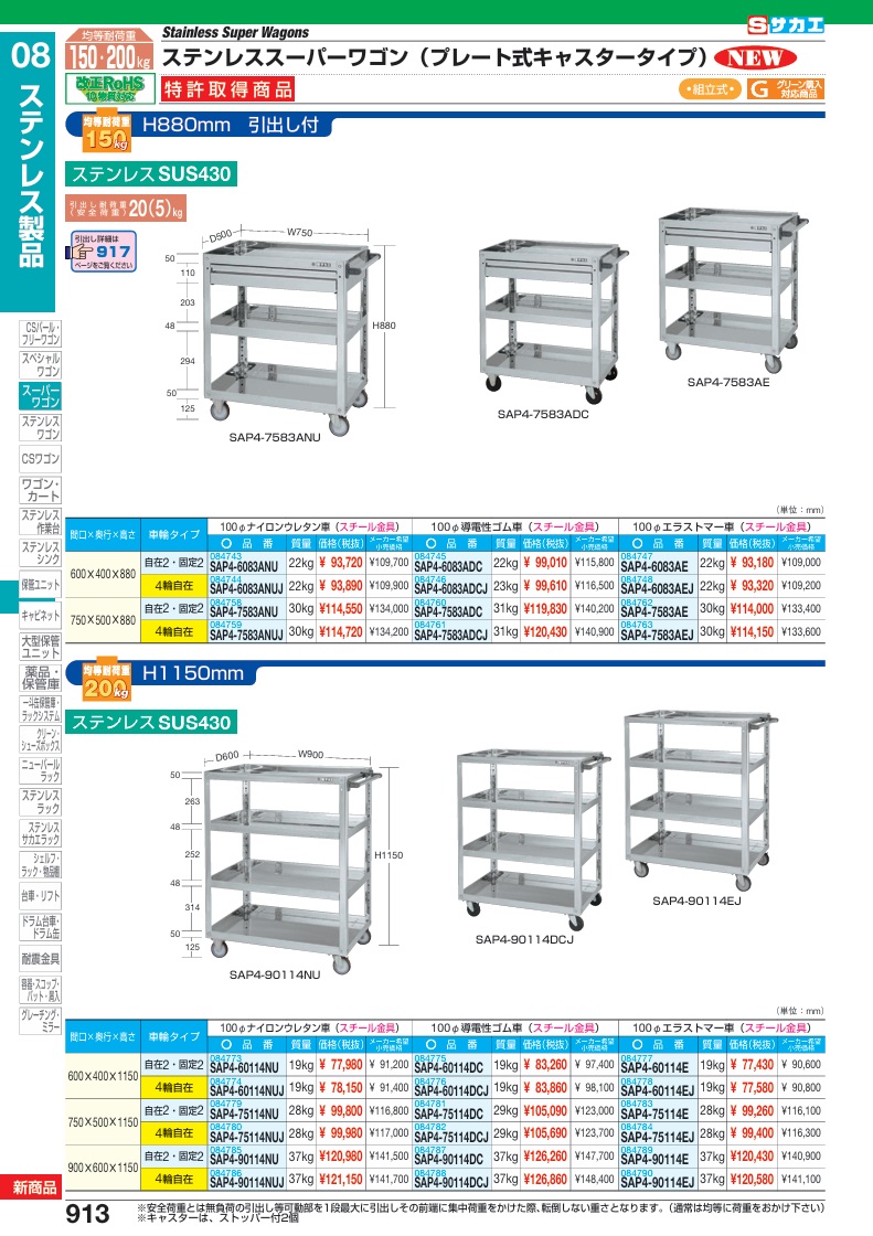 【ポイント5倍】【直送品】 サカエ ステンレススーパーワゴン(プレート式)SUS430 SAP4-60114EJ (084778) 【大型】の画像