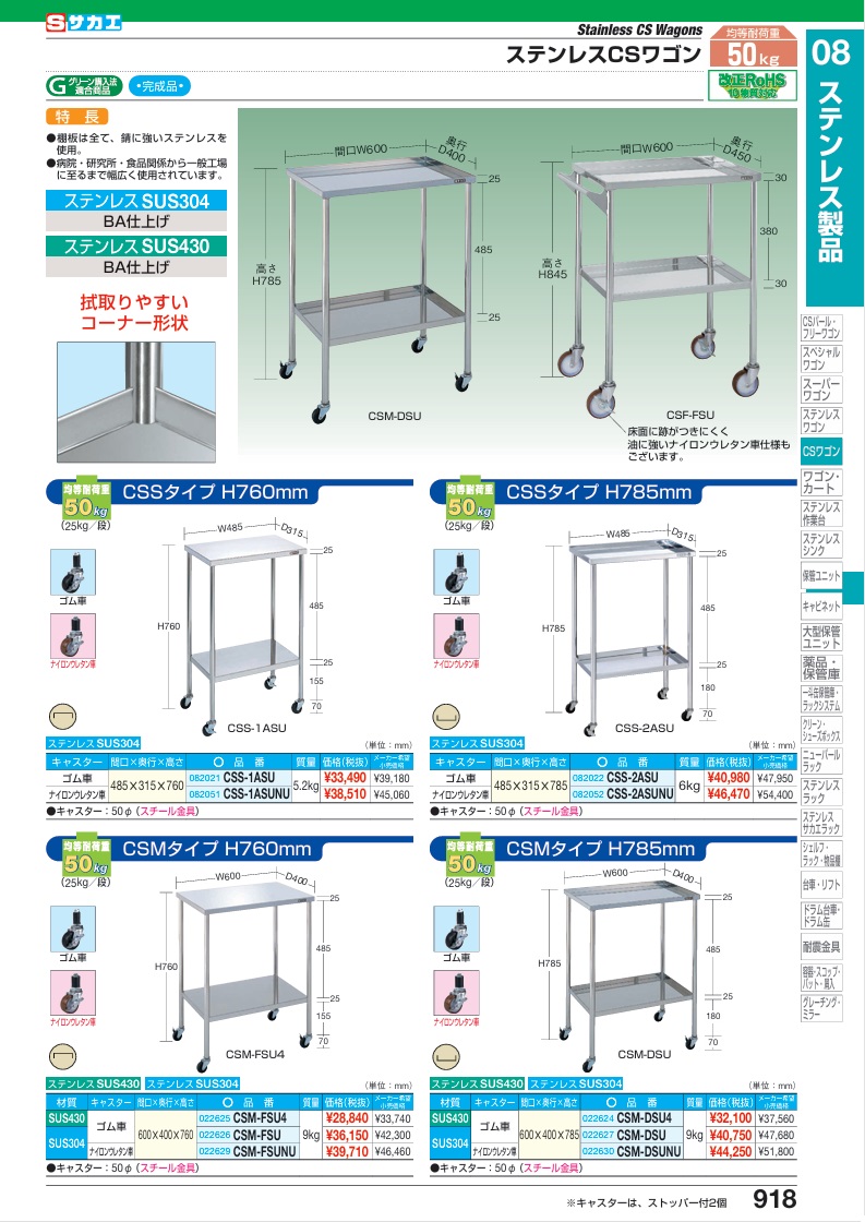 直送品】 サカエ ステンレスCSワゴン(SUS304) CSS-1ASUNU (082051
