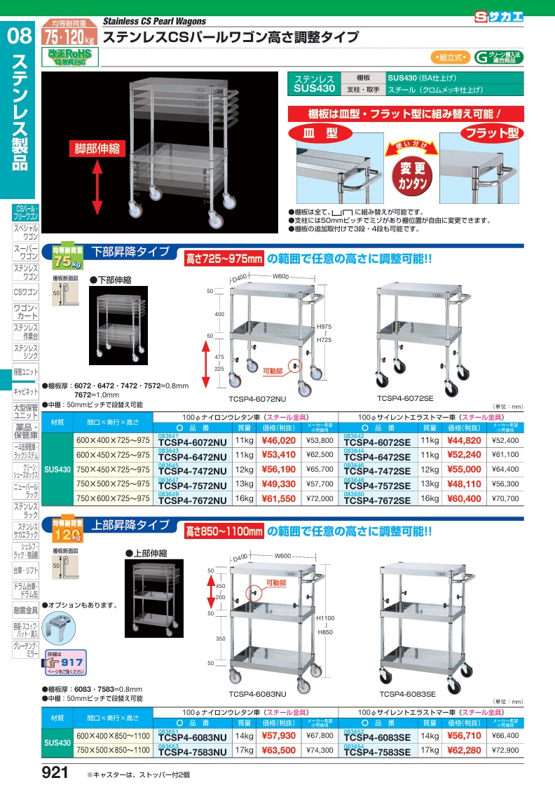 【ポイント5倍】【直送品】 サカエ ステンレスCSパールワゴン(下部昇降タイプ) TCSP4-6072SE (083642) 【大型】の画像