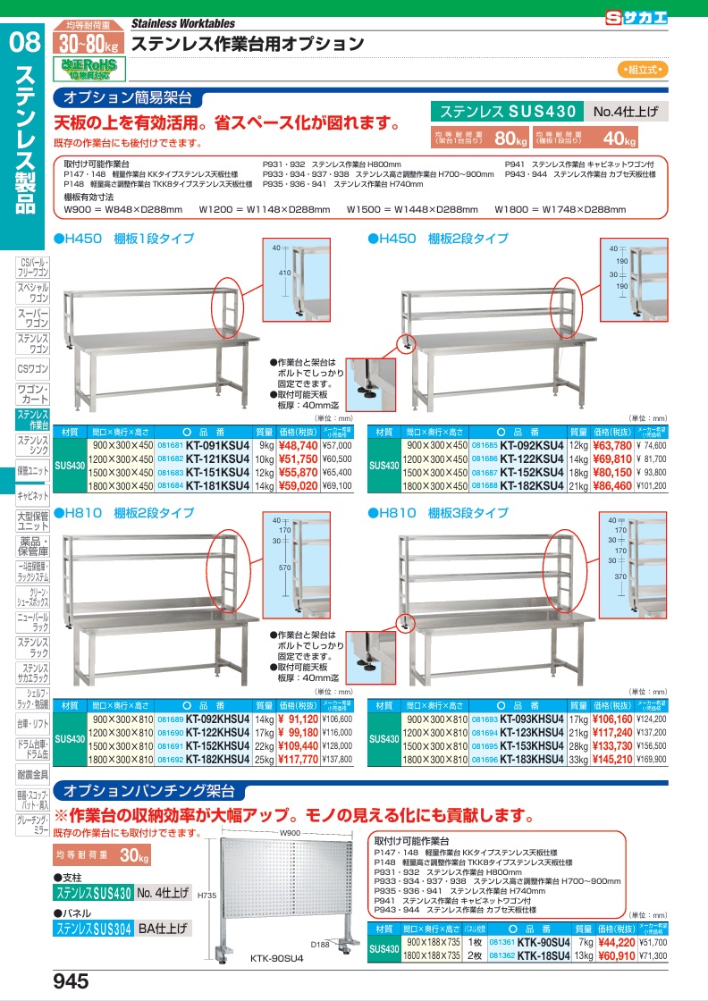 サカエ 作業台用オプションステンレス簡易架台 KT-093KHSU4 081693