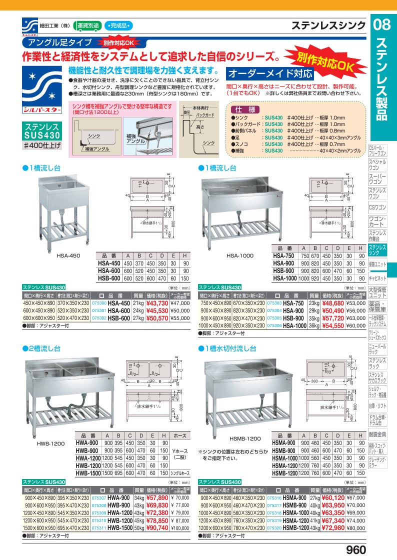 【ポイント5倍】【直送品】 サカエ ステンレス一槽シンク HSA-1000 (075306) 【特大・送料別】の画像