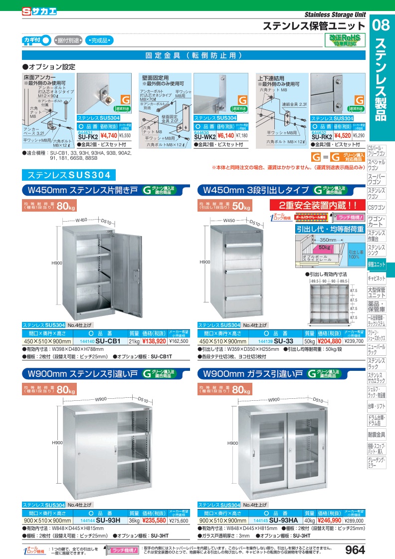 【直送品】 サカエ ステンレス保管ユニット(引違い戸タイプ) SU-93H (144144) 【大型】